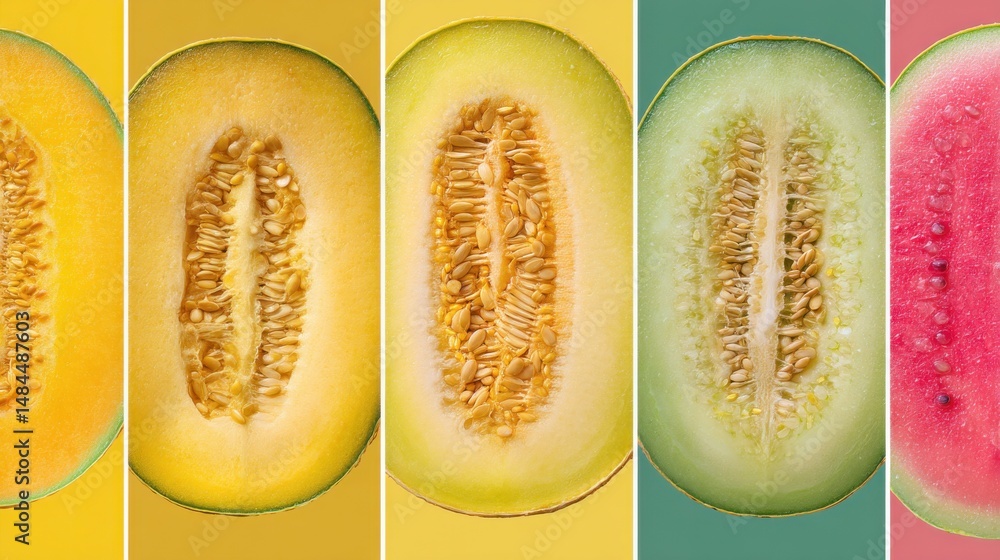 Poster close-up vertical slices of various melons and watermelon with seeds on colorful backgrounds, repres