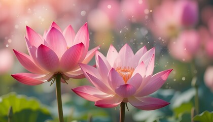 Closeup of Blooming Lotus Flowers on Bright Home Background