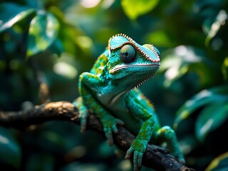 Fototapeta premium Chameleon camouflaged on a tree branch in tropical habitat. Perfect for wildlife, biology, and nature-themed visuals