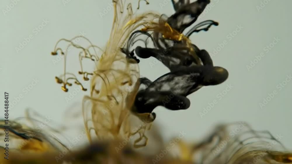 Poster dynamic abstract ink flow with gold and black colors in slow motion