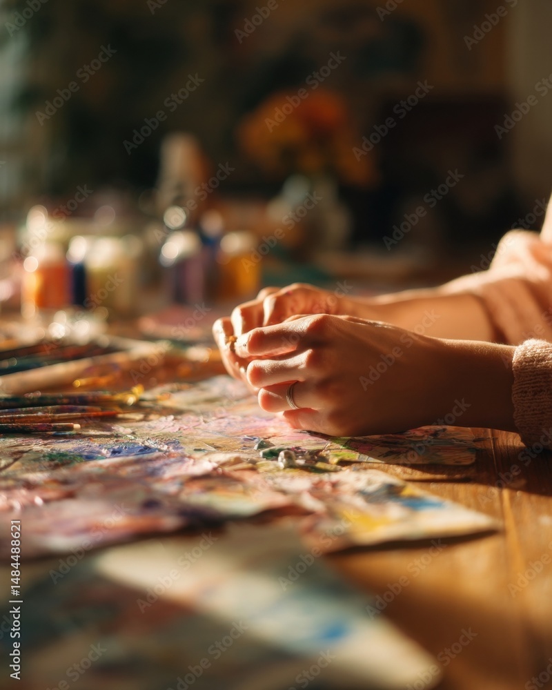 Aufkleber artist's hands preparing paint on palette in studio light, representing creative process and artisti