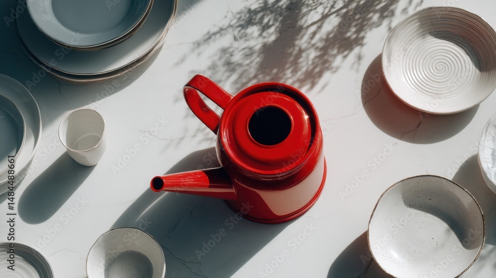 Poster overhead view of red teapot surrounded by ceramic plates and bowls on marble surface, representing k