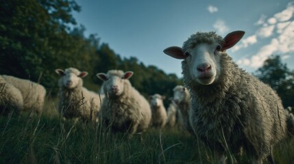 Fototapeta premium Flock of Sheep Grazing in a Lush Green Field Under a Blue Sky, Representing Rural Tranquility and Sustainable Agriculture : Generative AI