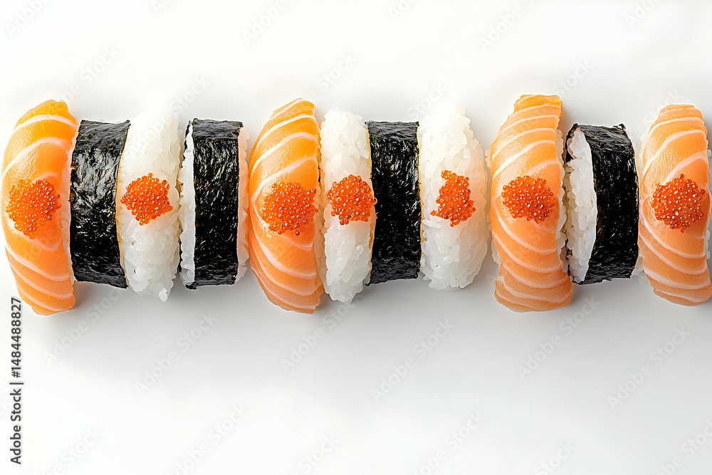 Poster a horizontal array of colorful sushi rolls.