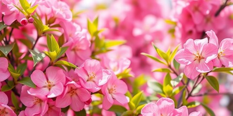 Obraz premium Pink spring sale background with blooming flowers and green leaves, pink background, pastel