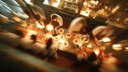 Busy Restaurant Kitchen With Chefs Plating Dishes in Motion Blur, Illustrating Teamwork and Culinary Excellence for Food Service Industry : Generative AI