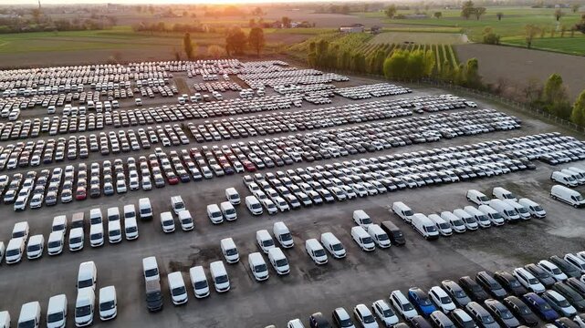 Drone tilt and pan reveals logistics yard in Piacenza province, northern Italy, filled with imported and exported vehicles awaiting distribution, surrounded by farmland under sunset light