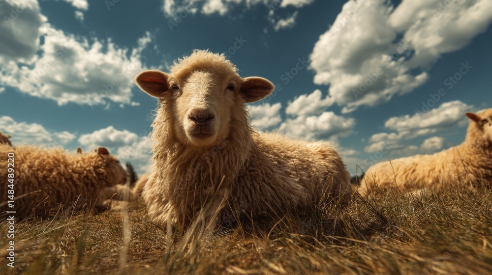 Poster sheep resting in a field under a cloudy sky, representing animal welfare and rural tranquility for a