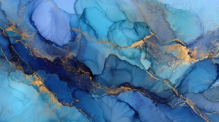 Abstract art, fluid acrylic painting, deep blues and golds