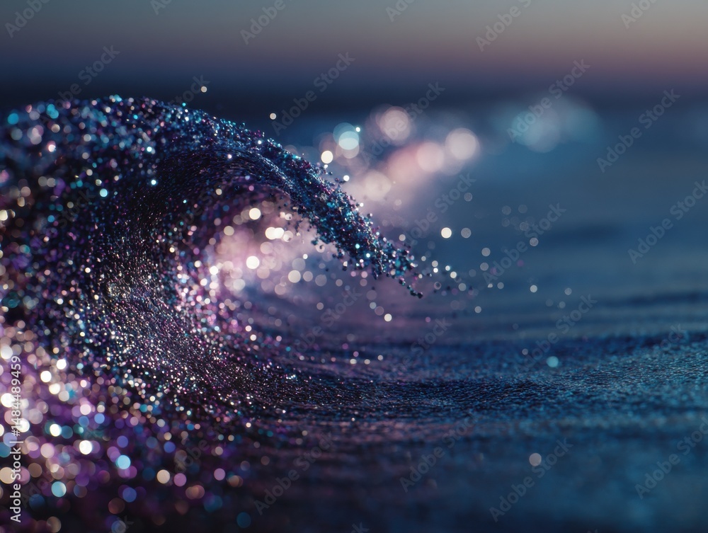 Poster glittering ocean wave cresting at dusk with bokeh effect, symbolizing natural beauty and environment