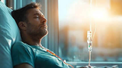 Detailed shot of a hospital room showing a patient resting while an IV drip is being adjusted demonstrating the care and medical equipment required for the treatment of dengue fever