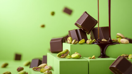 Pistachio-flavored chocolate packaging is displayed atop green blocks, with chocolate syrup pouring over pistachio pieces in the background. 
