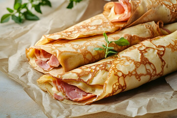 Delicious rolled crepes filled with savory ham and cheese.