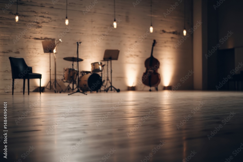 Poster empty music stage setup with drums double bass chair and music stands under warm spotlights, ready f