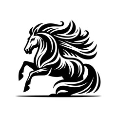 Traditional Black and White Vector of Rearing Horse for Tattoo Poster Art Featuring Flowing Tail and Muscular Equestrian Power