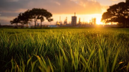 Green Grass Field at Sunset With Industrial Plant in Background, Representing Environmental Awareness and Energy Production for Sustainable Development Goals : Generative AI