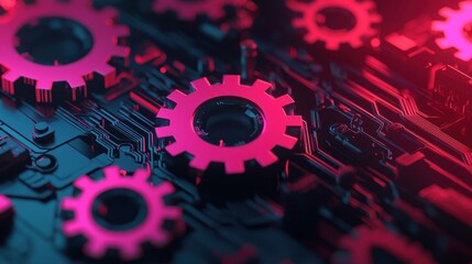 Futuristic Gear Mechanisms on a Dark Circuit Board with Neon Lighting Effects in a High-Tech Environment