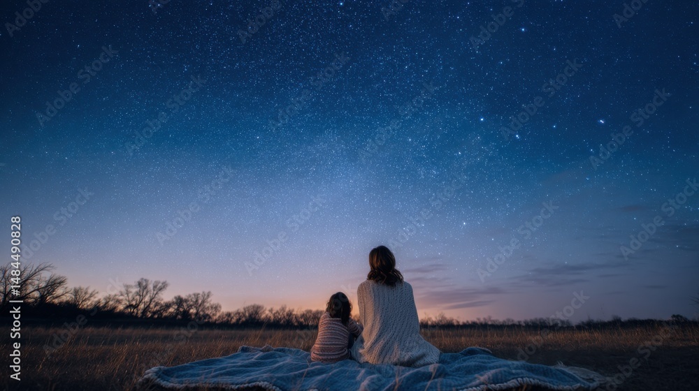 Poster mother and child sit on a blanket in a field gazing at the starry night sky, representing family bon