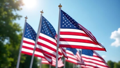 Multiple American flags displayed outdoors, sunny day , american flags, flagpole, sky