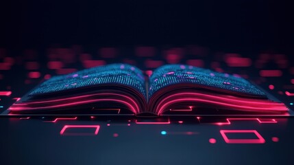 Futuristic Open Book with Glowing Text and Digital Elements on Dark Background for Technology Themes