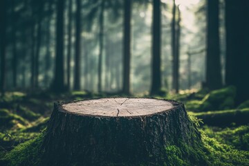 Misty forest scene with tree stump in focus