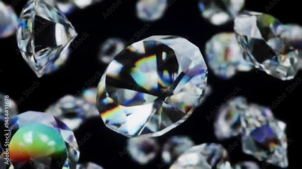 Poster sparkling diamonds floating against a dark background with refraction and glitter