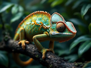 Fototapeta premium Chameleon camouflaged on a tree branch in tropical habitat. Perfect for wildlife, biology, and nature-themed visuals
