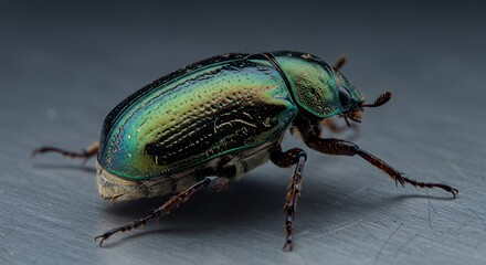 Naklejka premium Close-Up Photography of a Vibrant Green Jewel Scarab Beetle on a Metallic Surface