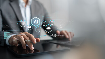 Businessman using artificial intelligence for data management, cloud computing, and automation, symbolizing AI integration in daily professional workflow.