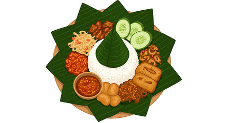 Serving Rice with Side Dishes on Banana Leaf Illustration