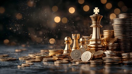 Golden chess pieces symbolizing strategic investments and financial battle for growth power and success in the competitive market