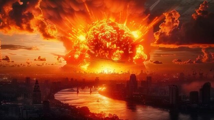 Fototapeta premium Dramatic view of a fiery explosion engulfing a city with a massive mushroom cloud.