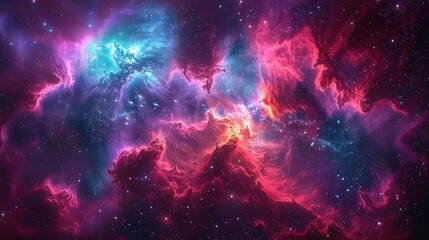 Naklejka premium A vibrant and colorful nebula swirls with countless stars, creating a stunning cosmic panorama.