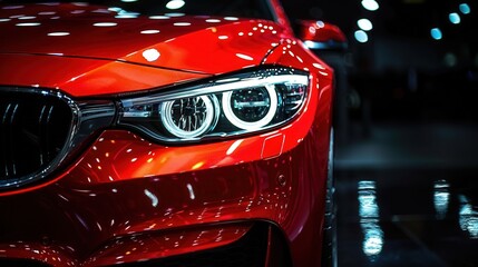 The sleek design of a vibrant red luxury car is shown in a detailed close-up shot.