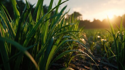 Fototapeta premium Vibrant Green Leaves with Water Droplets in a Field at Sunrise or Sunset, Evoking Natural Freshness and Sustainable Growth : Generative AI