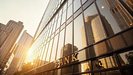 Modern central bank building with glass facade reflecting sunlight, symbolizing financial stability and economic power, banking and finance industry concept.