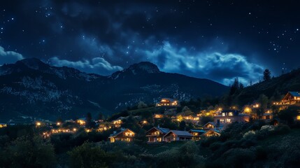 Obraz premium picturesque mountain village with smoke curling from chimneys and glowing windows under a starry sky, Generative AI