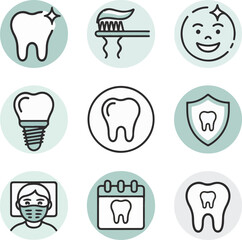 This vector set features tooth and dental icons, perfect for illustrating dentist services, teeth health, and oral care with clean, modern symbols