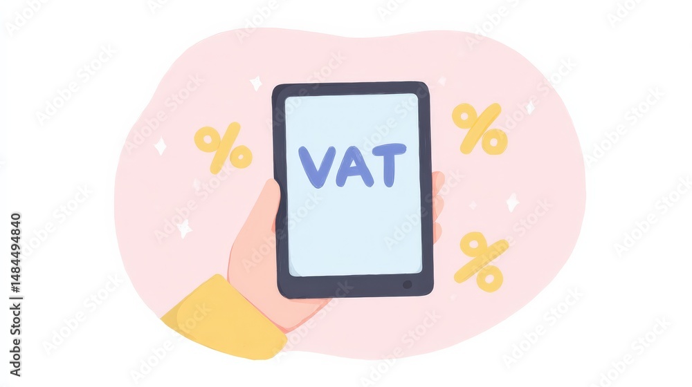 Poster vat calculation: a digital depiction shows a hand holding a tablet displaying the term 'vat,' sugges