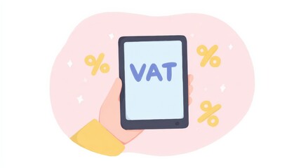 VAT Calculation: A digital depiction shows a hand holding a tablet displaying the term 'VAT,' suggesting a user-friendly tax calculation concept.