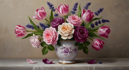 Elegant Roses and Tulips in a Vintage Vase: A Romantic Oil Painting