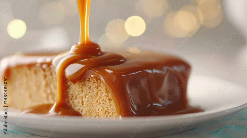 Poster decadent caramel sauce poured over a slice of cake on a white plate against a warm bokeh background,