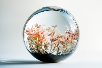 Spherical art piece; delicate, pink flowers and greenery encased in a clear glass orb