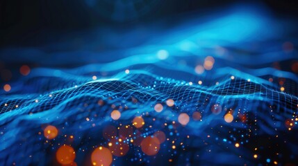 A mesmerizing digital artwork showing flowing data waves with glowing particles in blue hues.