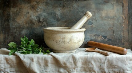 Antique mortar and pestle still life