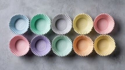 Colorful cupcake liners arranged in a grid pattern