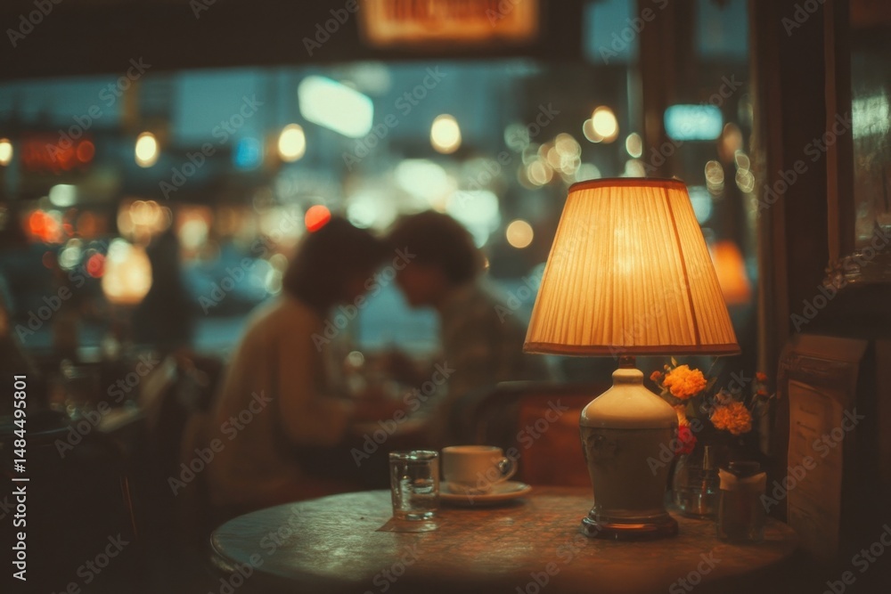 Poster Soft Lamp Light Illuminates a Table in a Warm, Cozy Cafe Setting with a Blurred Couple Sharing an Intimate Moment in the Background, Evoking Romance and Connection : Generative AI