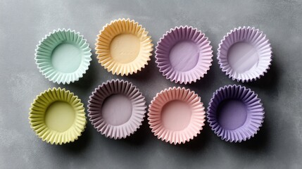 Colorful silicone cupcake liners arranged in a grid pattern on a grey surface
