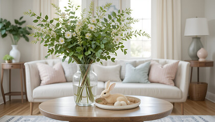 Stylish Easter home decor featuring fresh foliage in a vase, a wooden table, bunny figure, chic seating, and soft accents—perfect for spring interior inspiration.