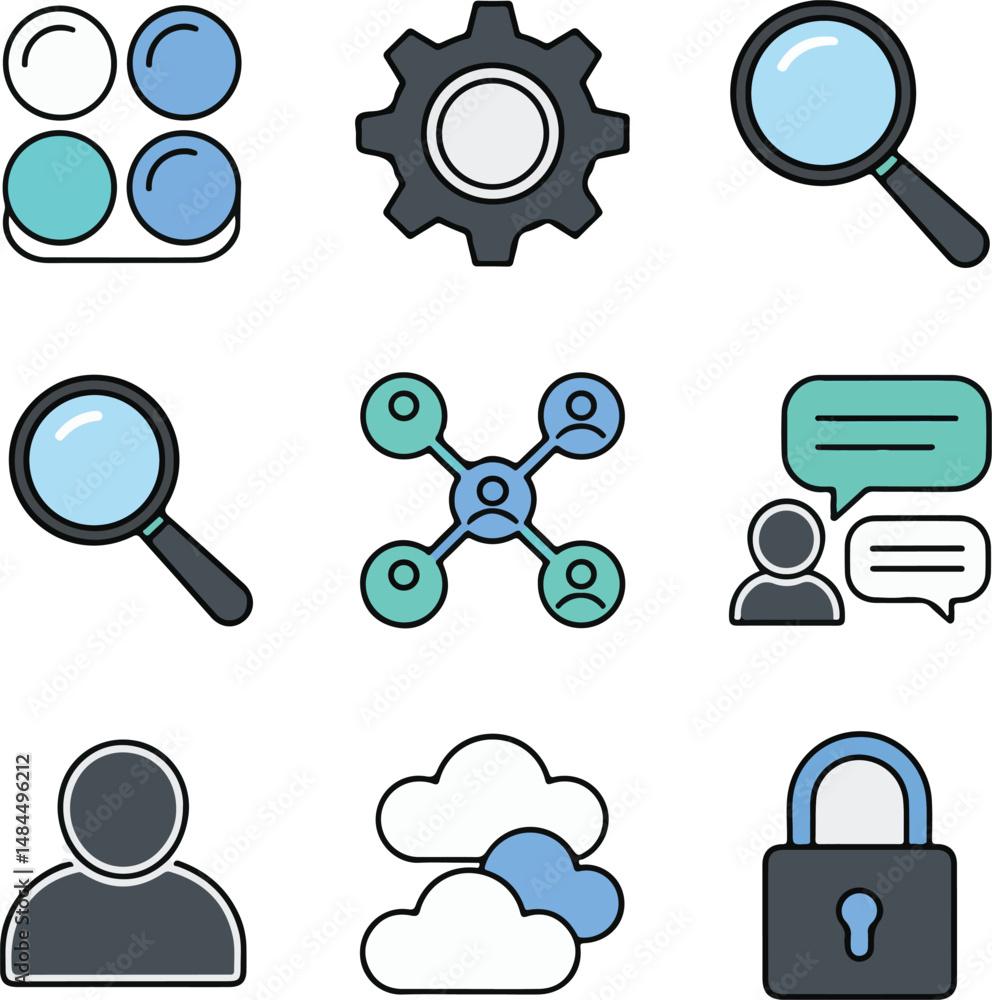 Poster this image displays a vector icon set featuring magnifying glass symbols for search, zoom, and web c
